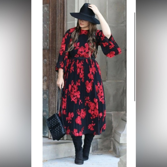 NWOT H&M Chiffon Red & Black Floral  Poppy Pleated Midi Dress Women Size 6 US - Picture 2 of 12